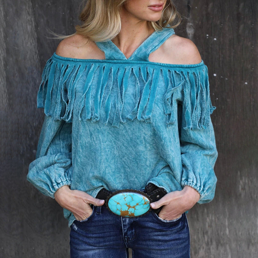 Country Modern Tassels  Off-Shoulder Blouse & Lantern Sleeves