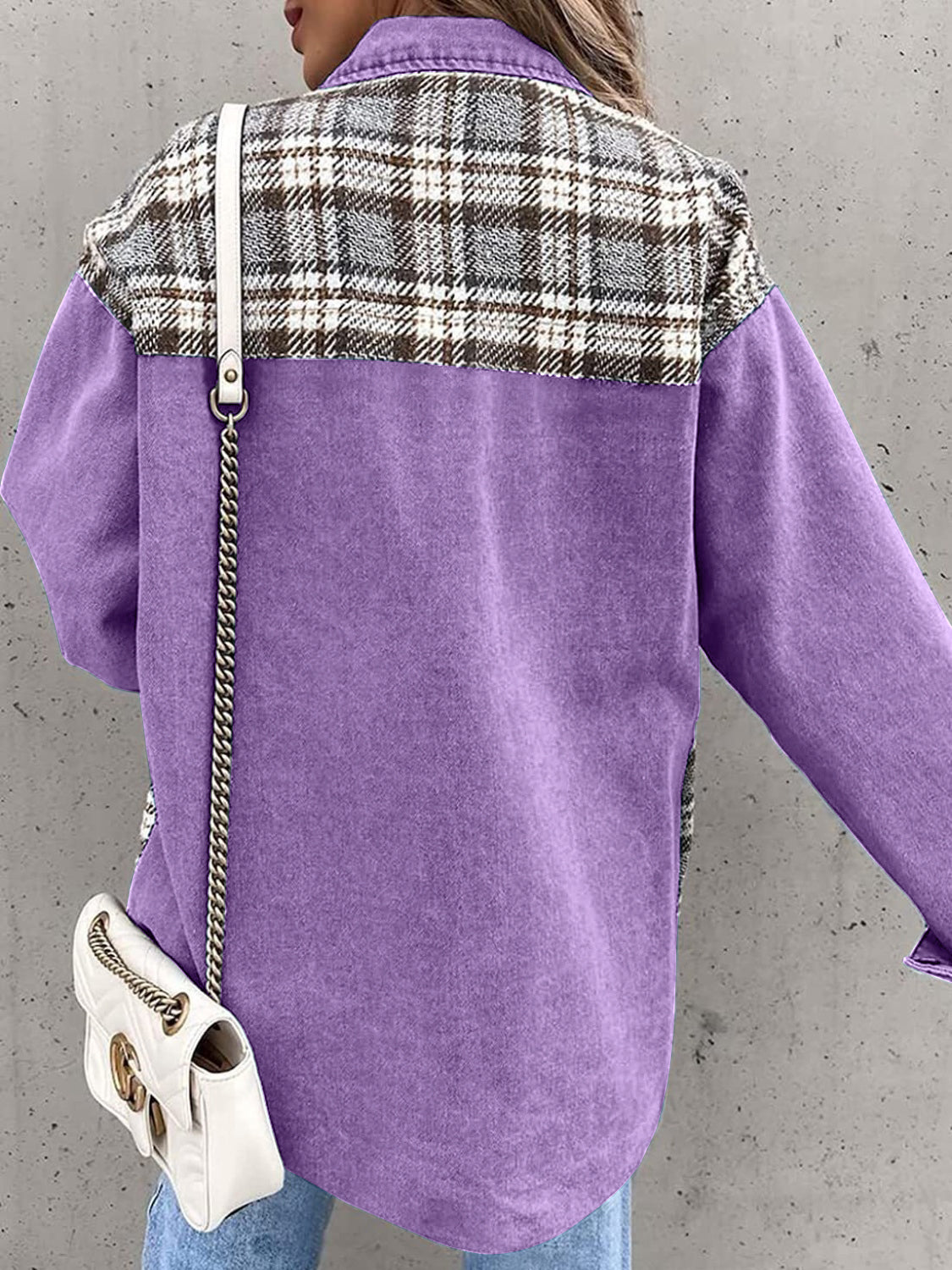 Black White Plaid Button Up Dropped Shoulder Denim Jacket