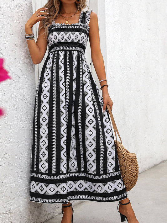Black & White Wide Strap Printed Long Dress with Square Neck