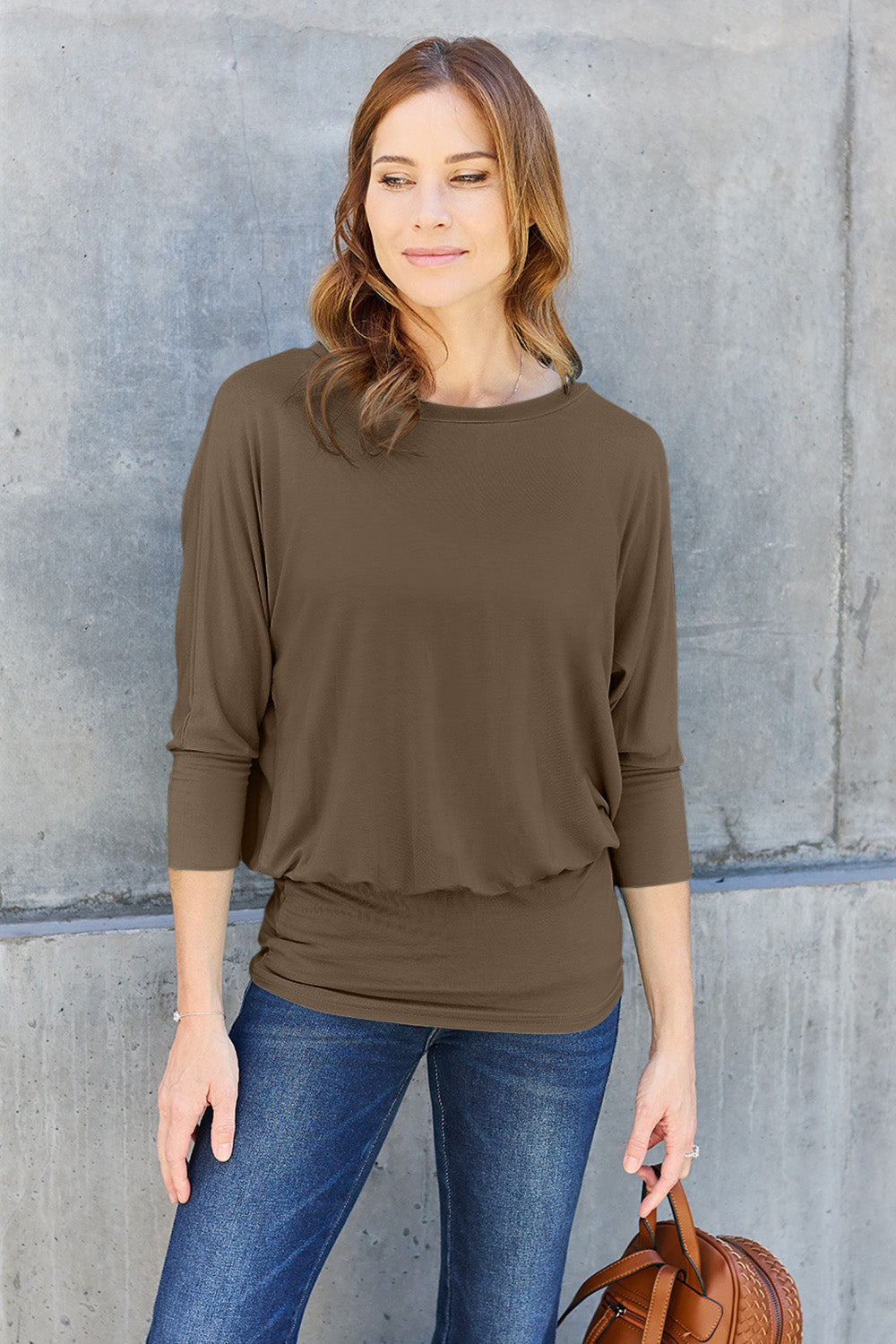 NuMi Basic Bae Full Size Round Neck Blouse & Batwing Sleeve