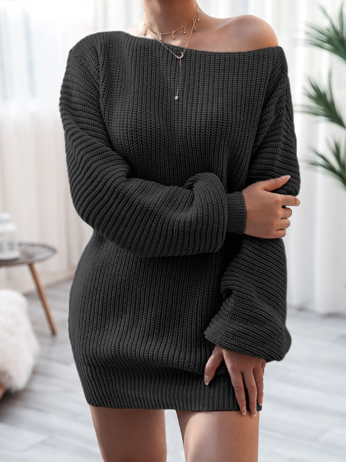 Stylish Rib-Knit Mini  Off Shoulder Sweater Dress
