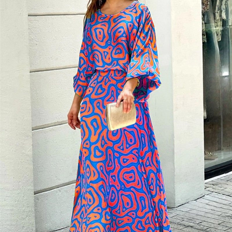 Fashion Loose Printed 2-Pcs  Set with Long Sleeve Top & High Waist Long Skirt