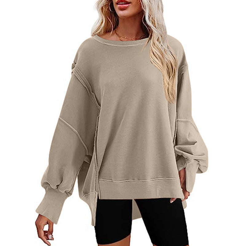 Sweatshirt Loose Round Neck Side Slit Long Sleeves Pullover Top