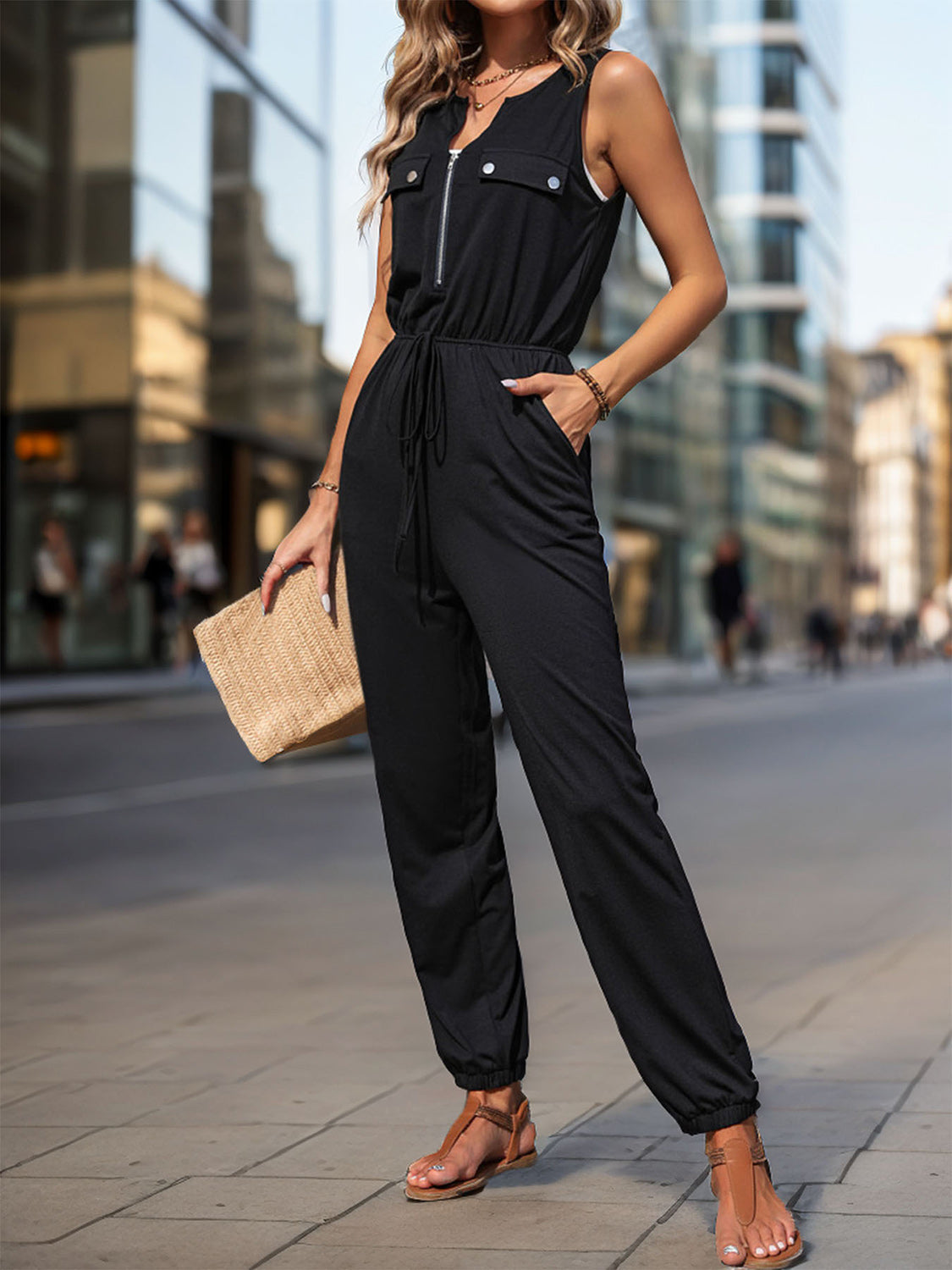 Black Half  Zip Sleeveless Jumpsuit w/ Pockets