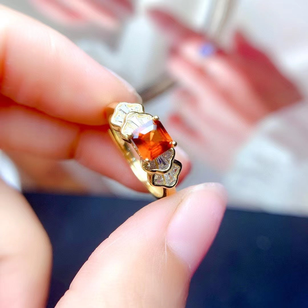 925 Silver Inlaid Natural Amber Gemstone Ring - Adjustable Size.
