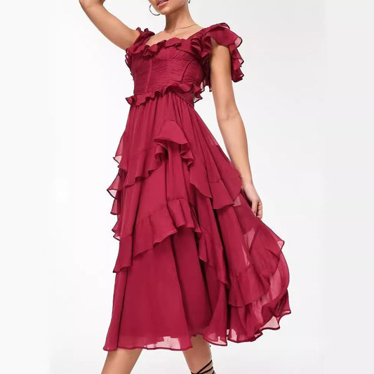 Gorgeous Pleated Ruffled Short-Sleeved  Maxi Dress with  Backless Square Neck