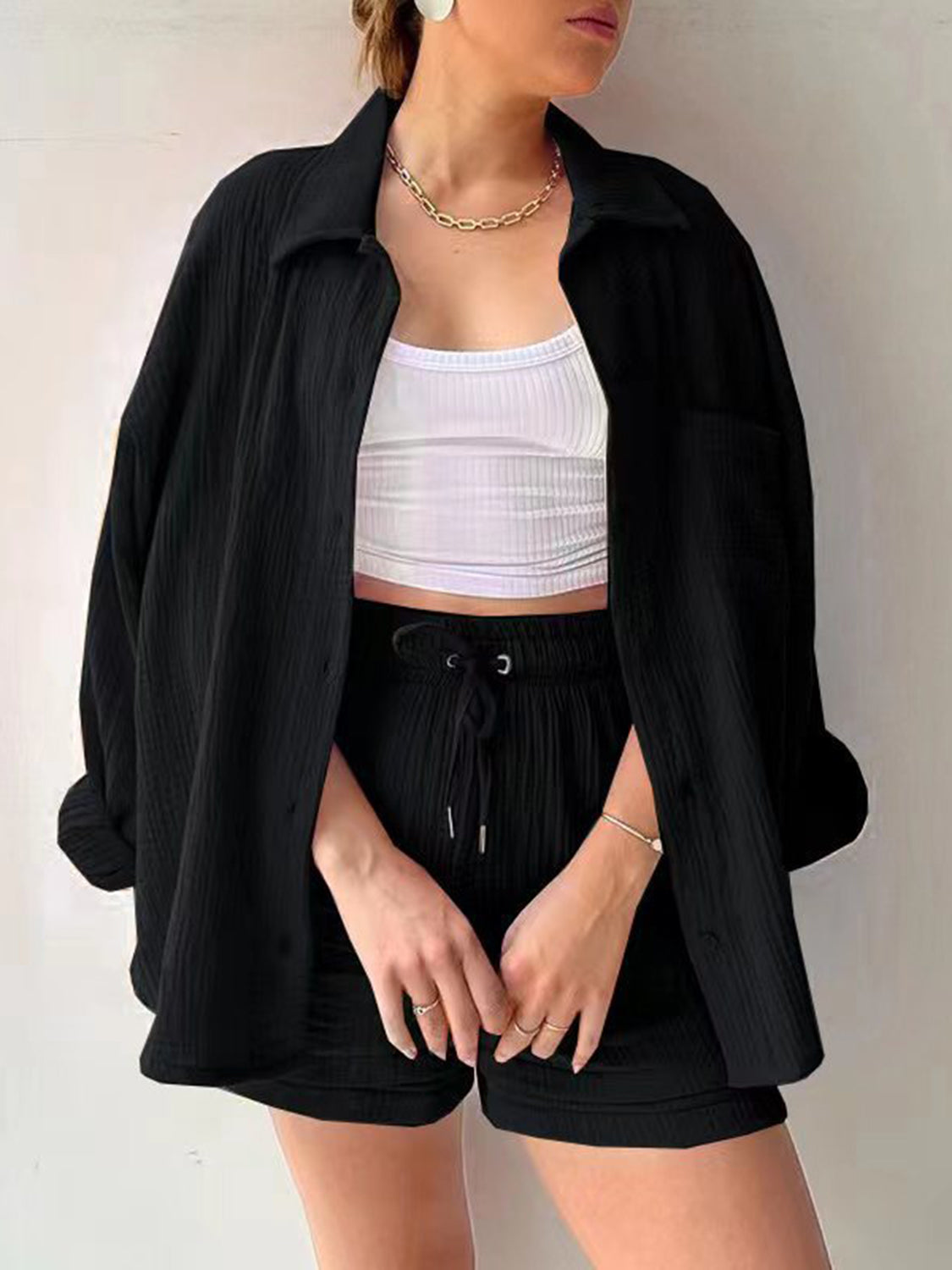 Casual Texture Button-Up Shirt and Drawstring Shorts Set