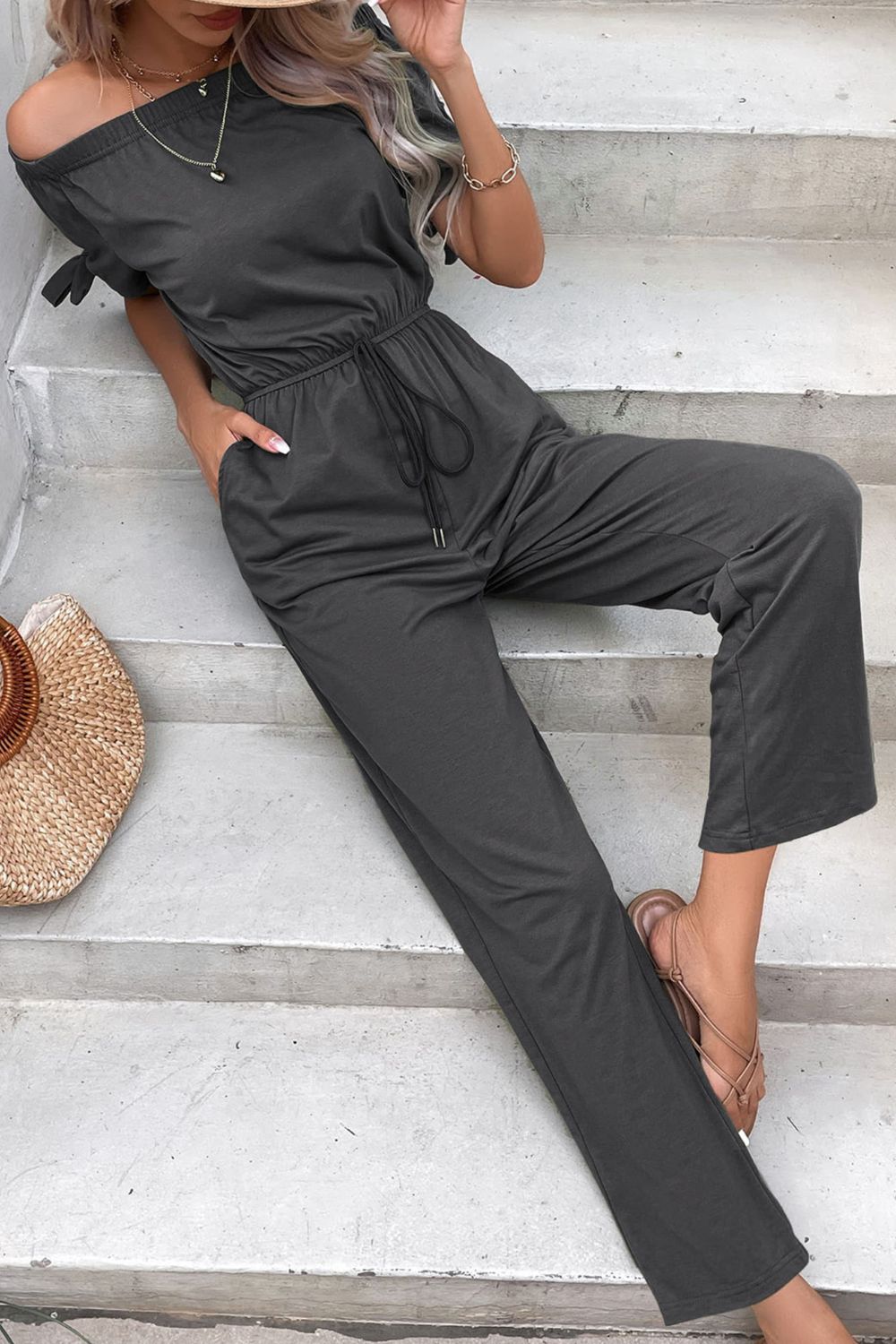 Urban  Fashion Off-Shoulder Tie Cuff Jumpsuit with Pockets