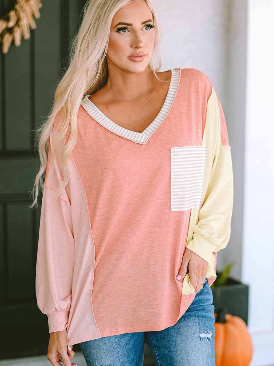 Rose Coral  Multicolor Stripes  V-neck Long Sleeve Top with Pocket