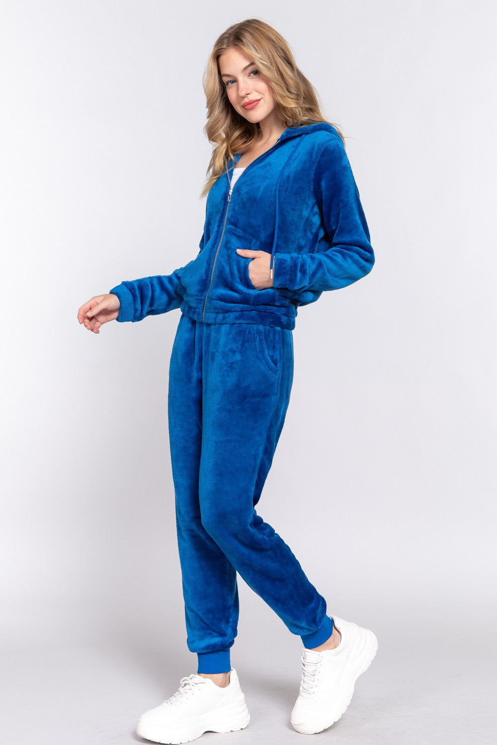 Blue Faux Fur Zip Up Long Sleeve Hoodie and Joggers Set