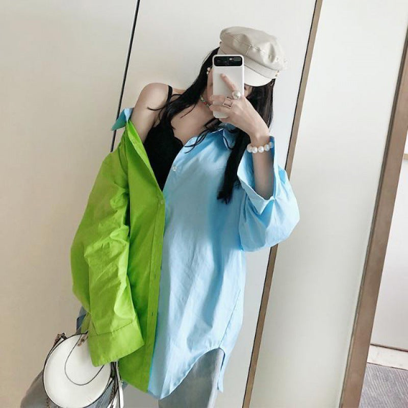 Two Tone Loose Fit Button Down Long Sleeve Shirt