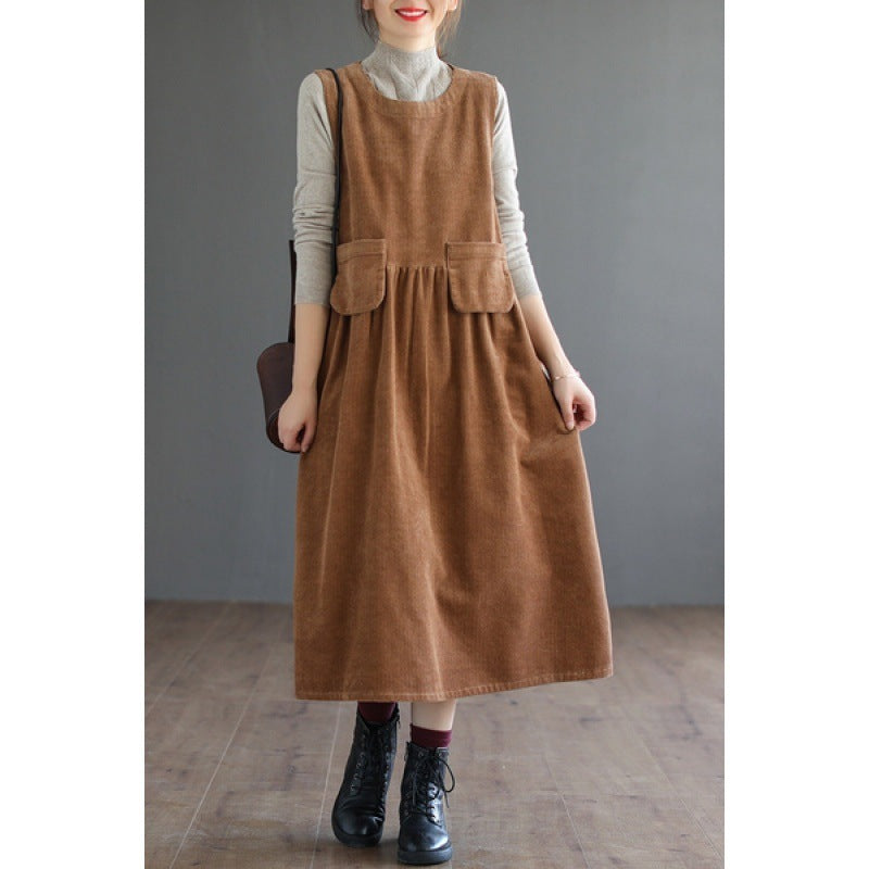 Artistic  Corduroy Mid-length Sleeveless Vest Dress Dress