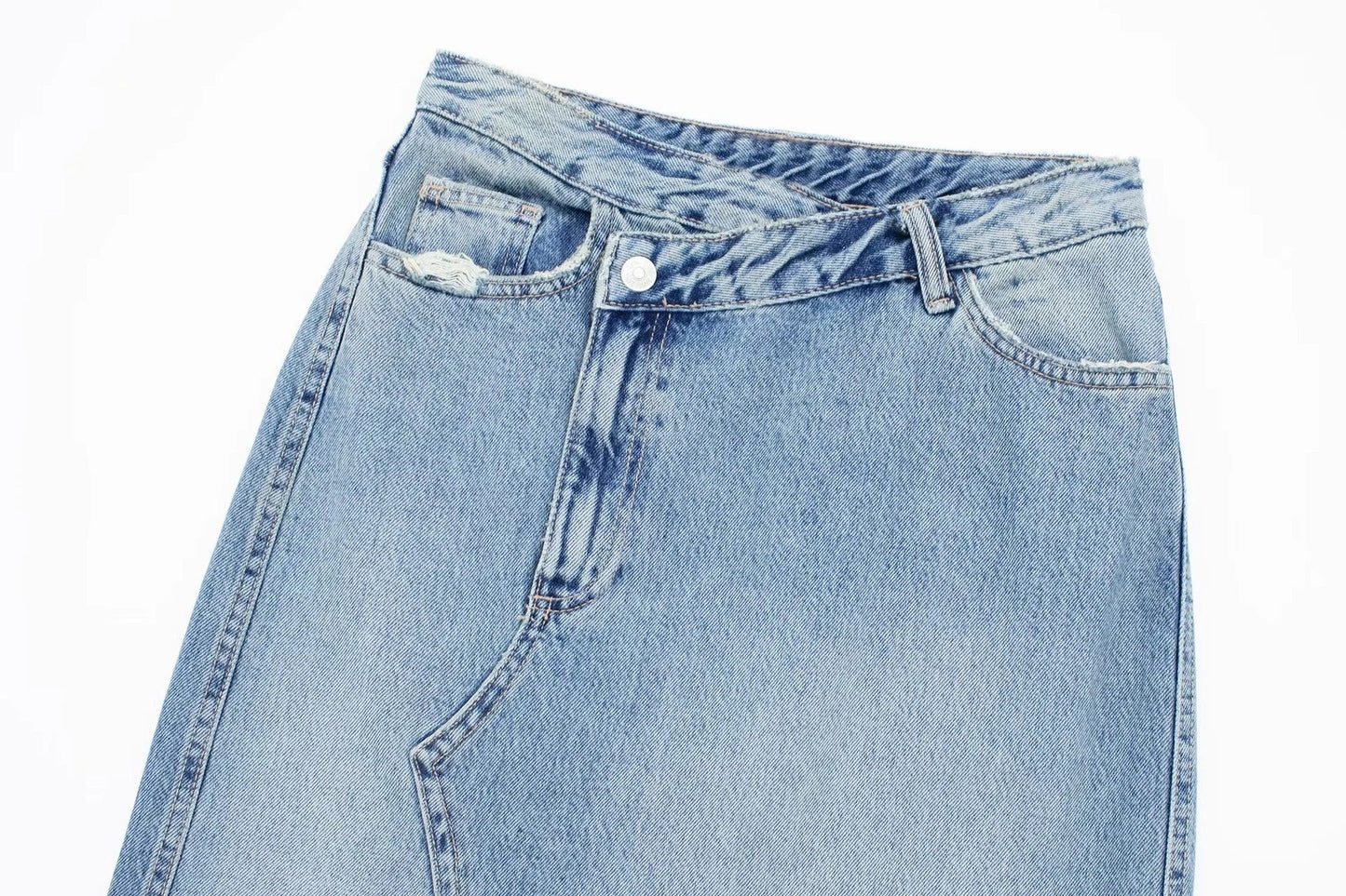 Blue Denim  Diagonal Patchwork Mid Rise  Skirt