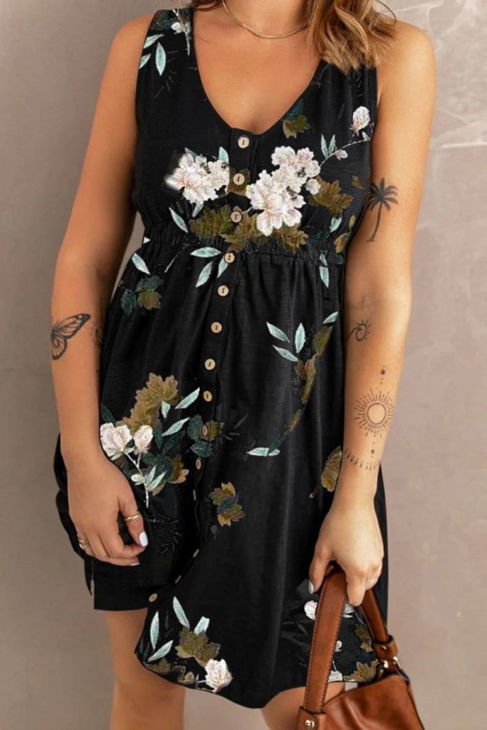 Chic Printed Scoop Neck Sleeveless Buttoned Dress with Pockets