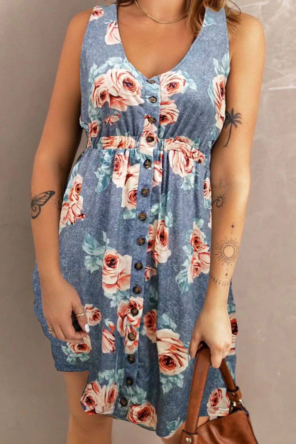 Chic Printed Scoop Neck Sleeveless Buttoned Dress with Pockets