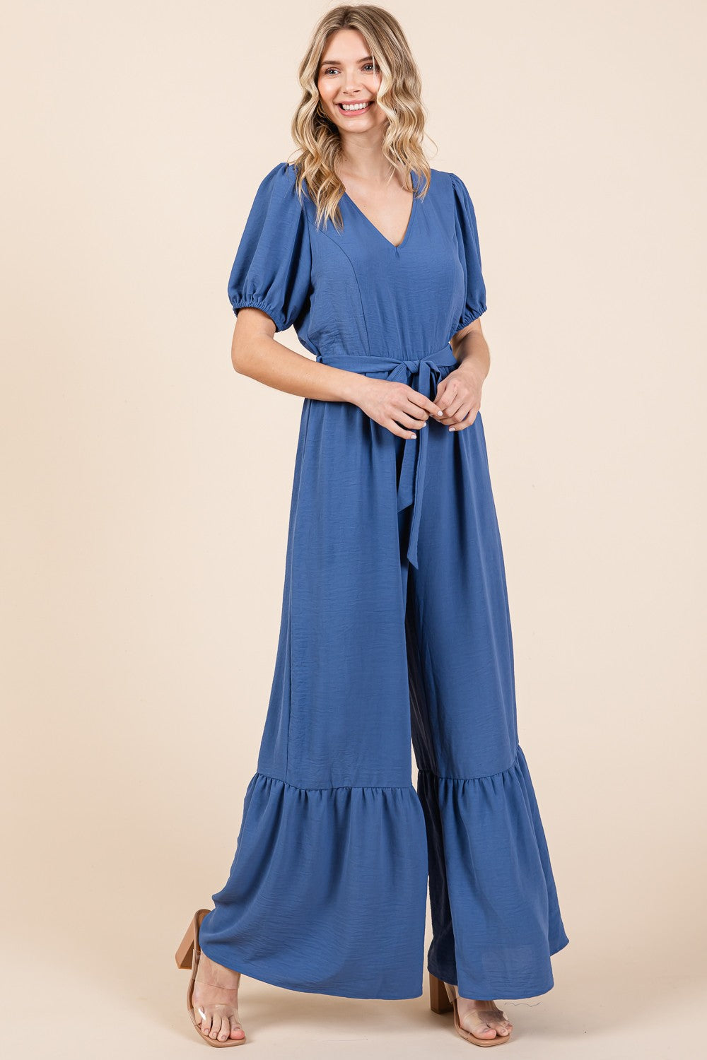 Denim Blue Full Size V-Neck Belted Wide Leg Jumpsuit