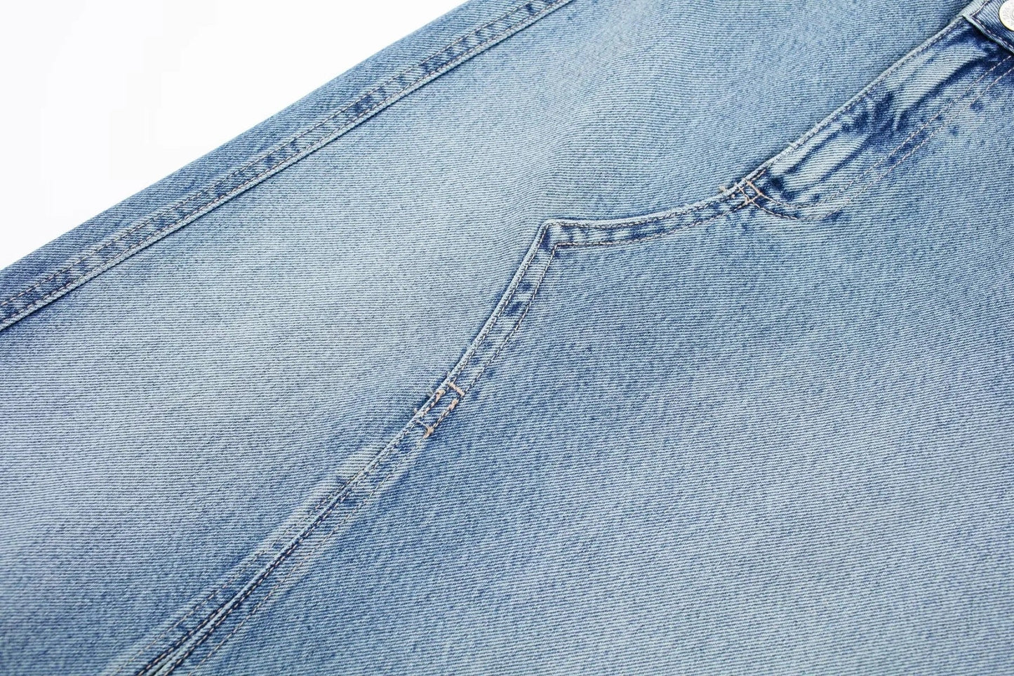 Blue Denim  Diagonal Patchwork Mid Rise  Skirt