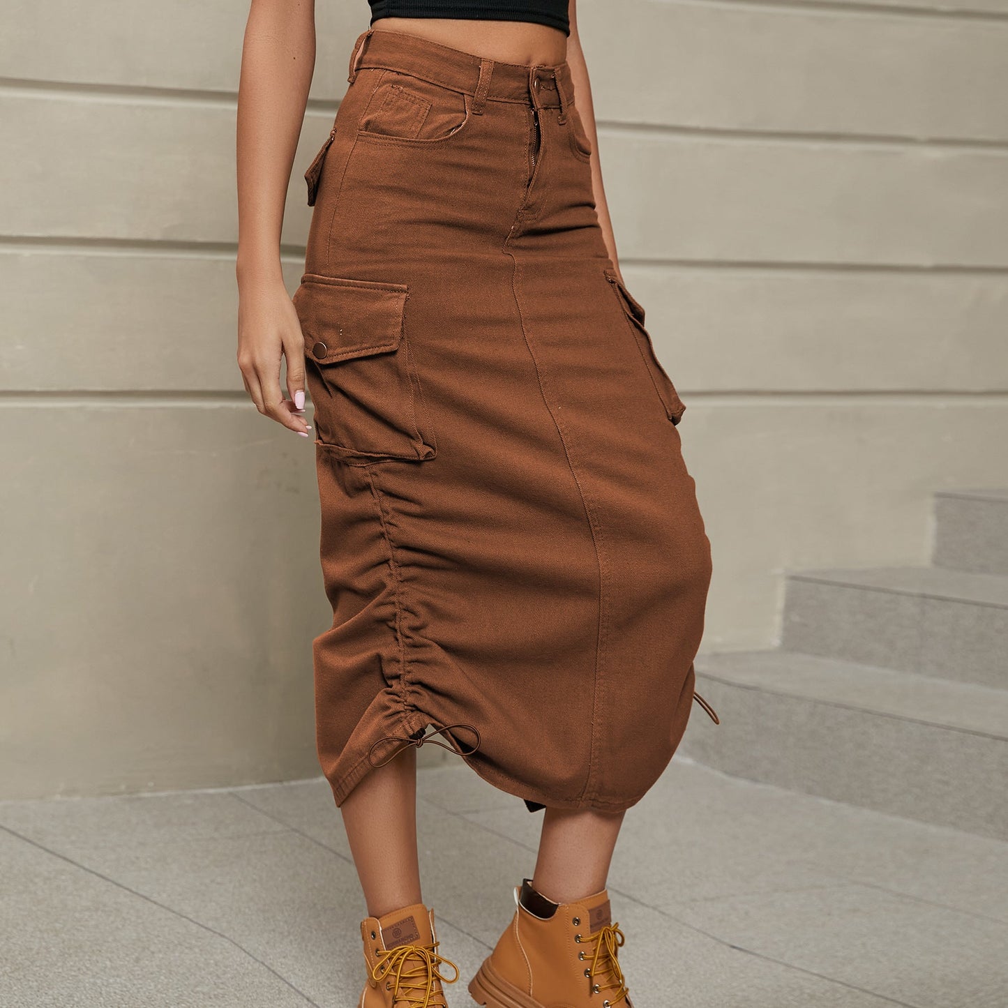 City Scene Drawstring Ruched Denim Midi Skirt