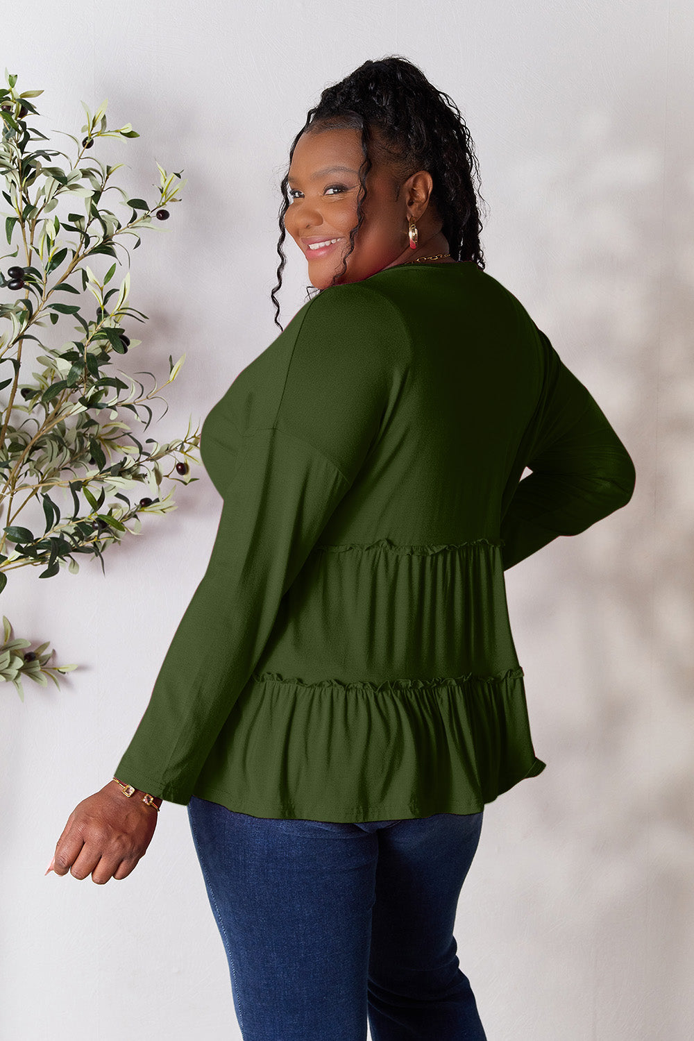 Comfy Ruffle Hem  Double Take Half Button Blouse & Long Sleeve