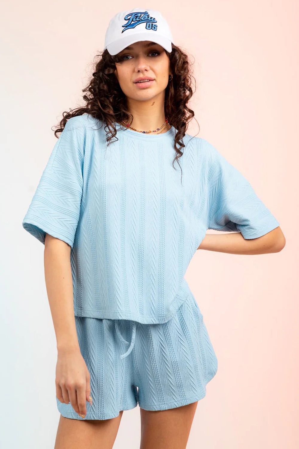 Buttoned Textured Round Neck Top and Shorts Set