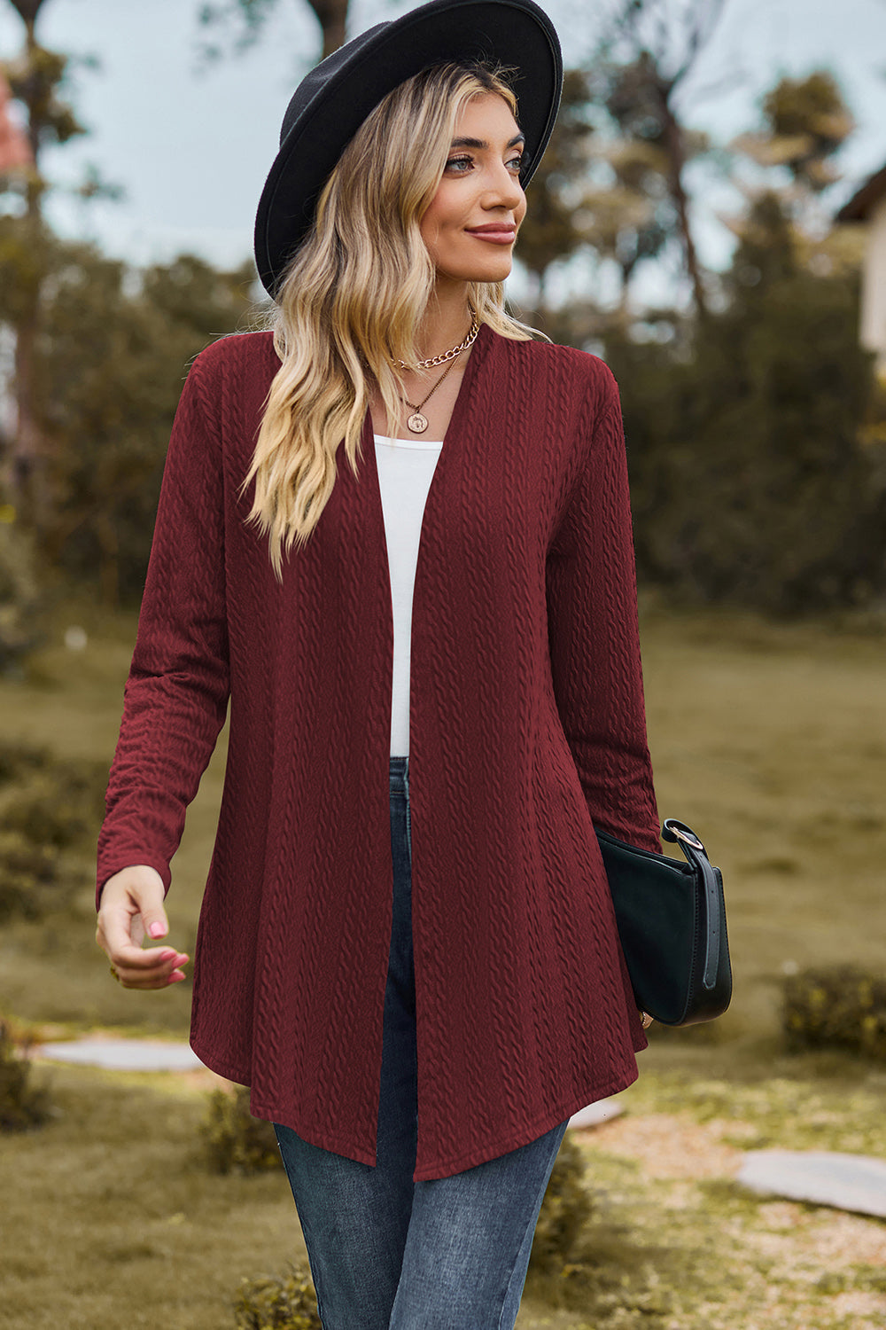 Classic Design Textured Open Front Long Sleeve Cardigan