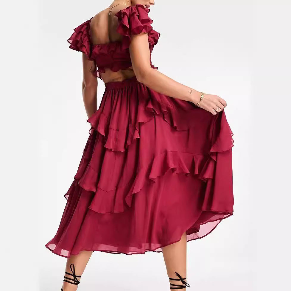 Gorgeous Pleated Ruffled Short-Sleeved  Maxi Dress with  Backless Square Neck