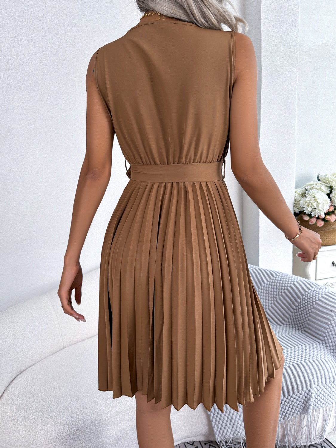 Radiant Surplice Pleated Sleeveless Midi Dress