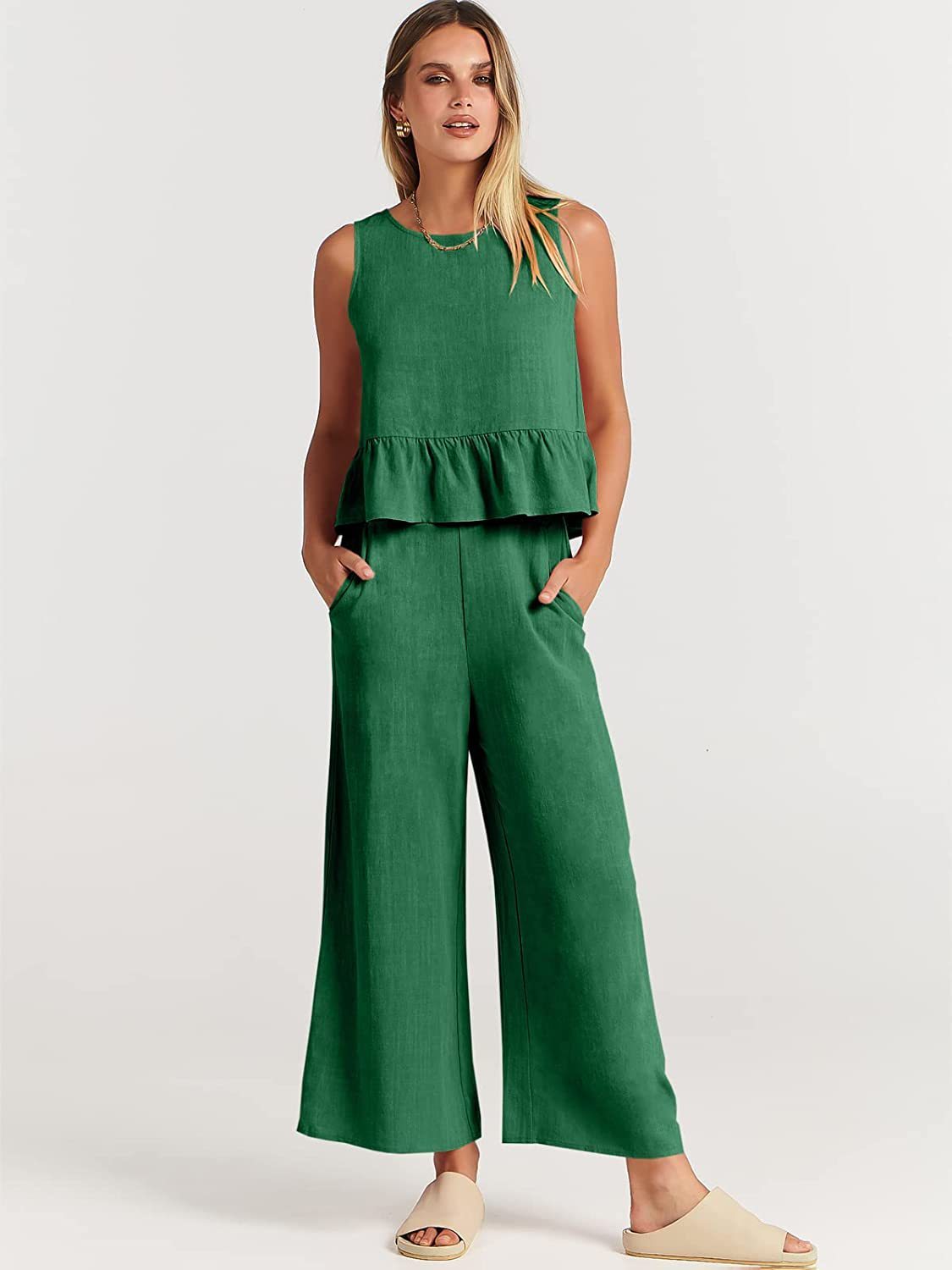 Summer Sleeveless Top Wide-leg Cropped Pants Two Piece Sets