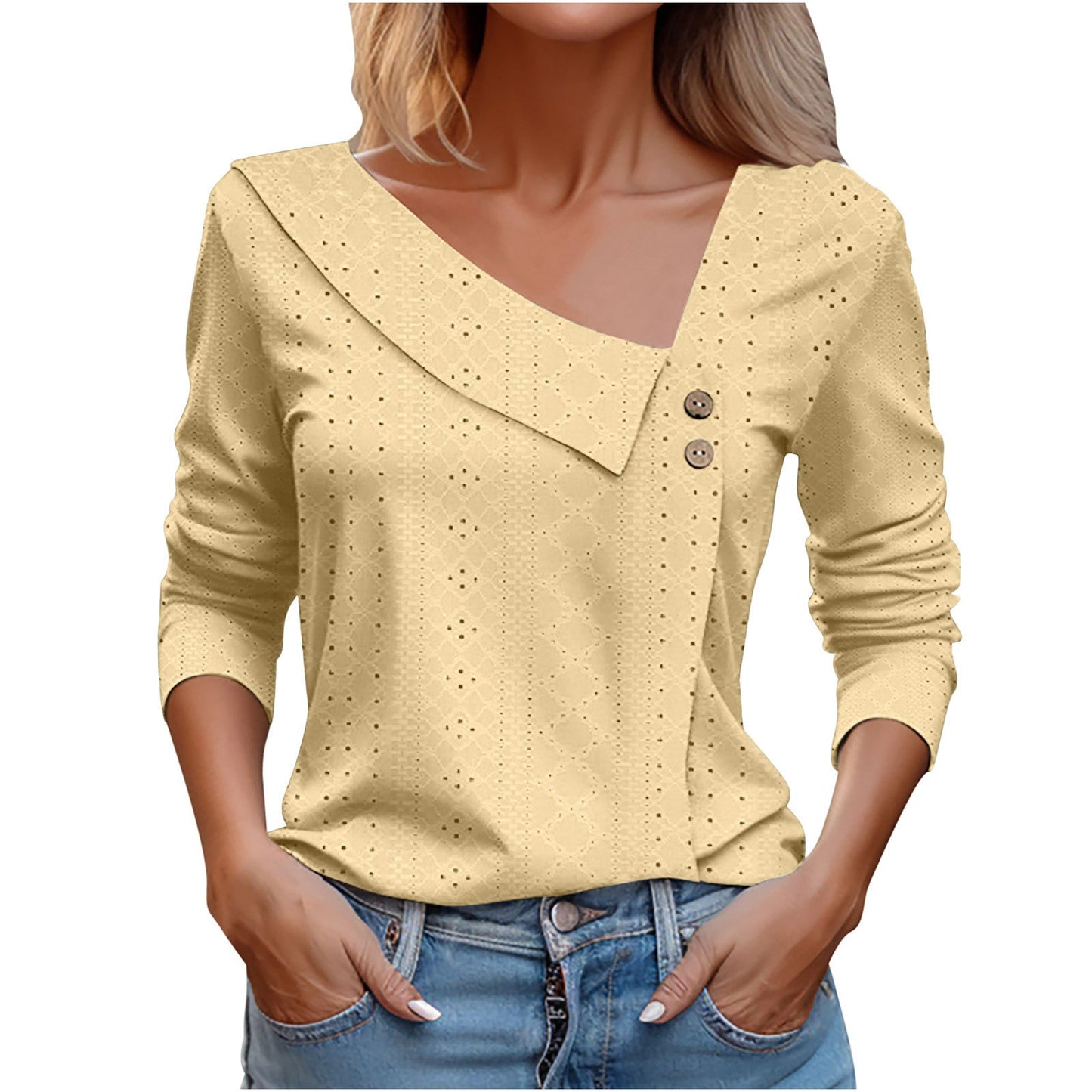 Summer New V-neck Button Long-Sleeved  Top