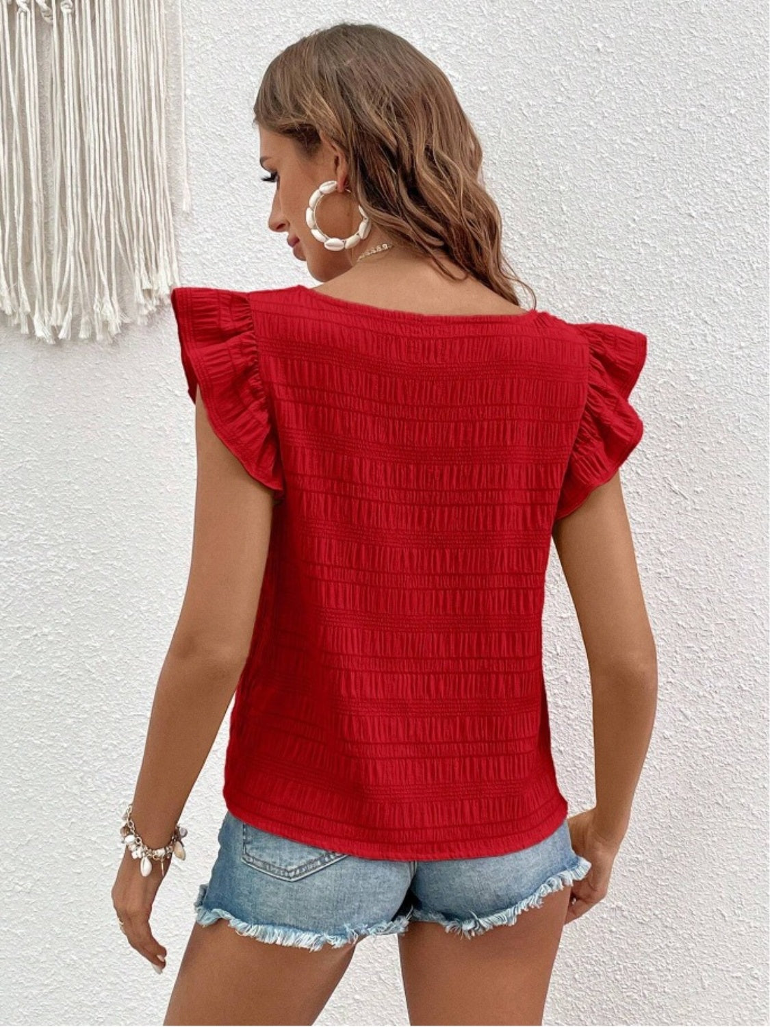 Ruffled Blouse with Square Neck & Cap Sleeve