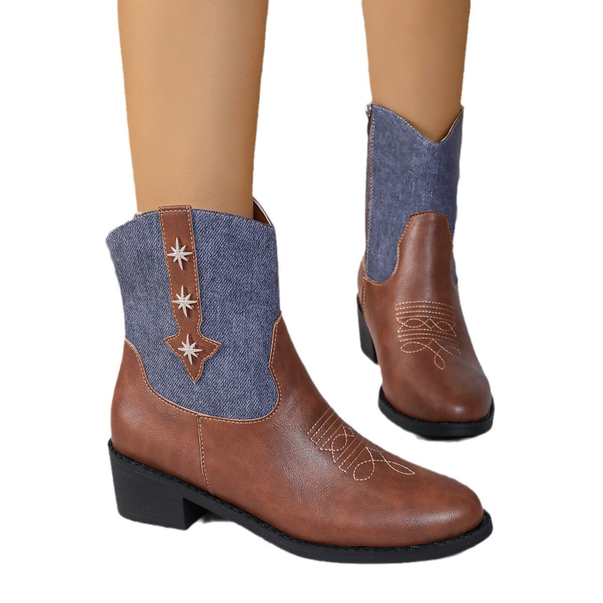 Retro Chelsea Denim Patchwork Western Cowboy Boots