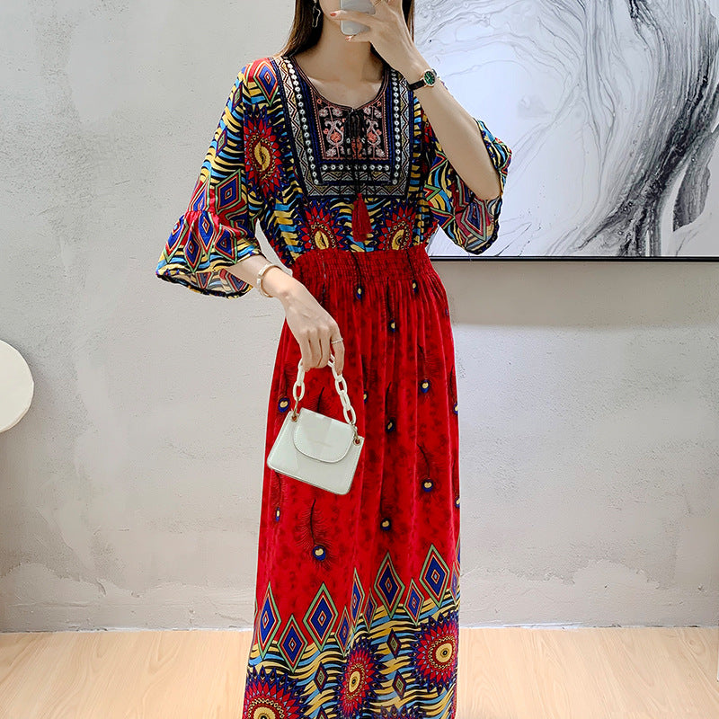 Artsy Crew Neck Ruffle Half Sleeve Silky Dress