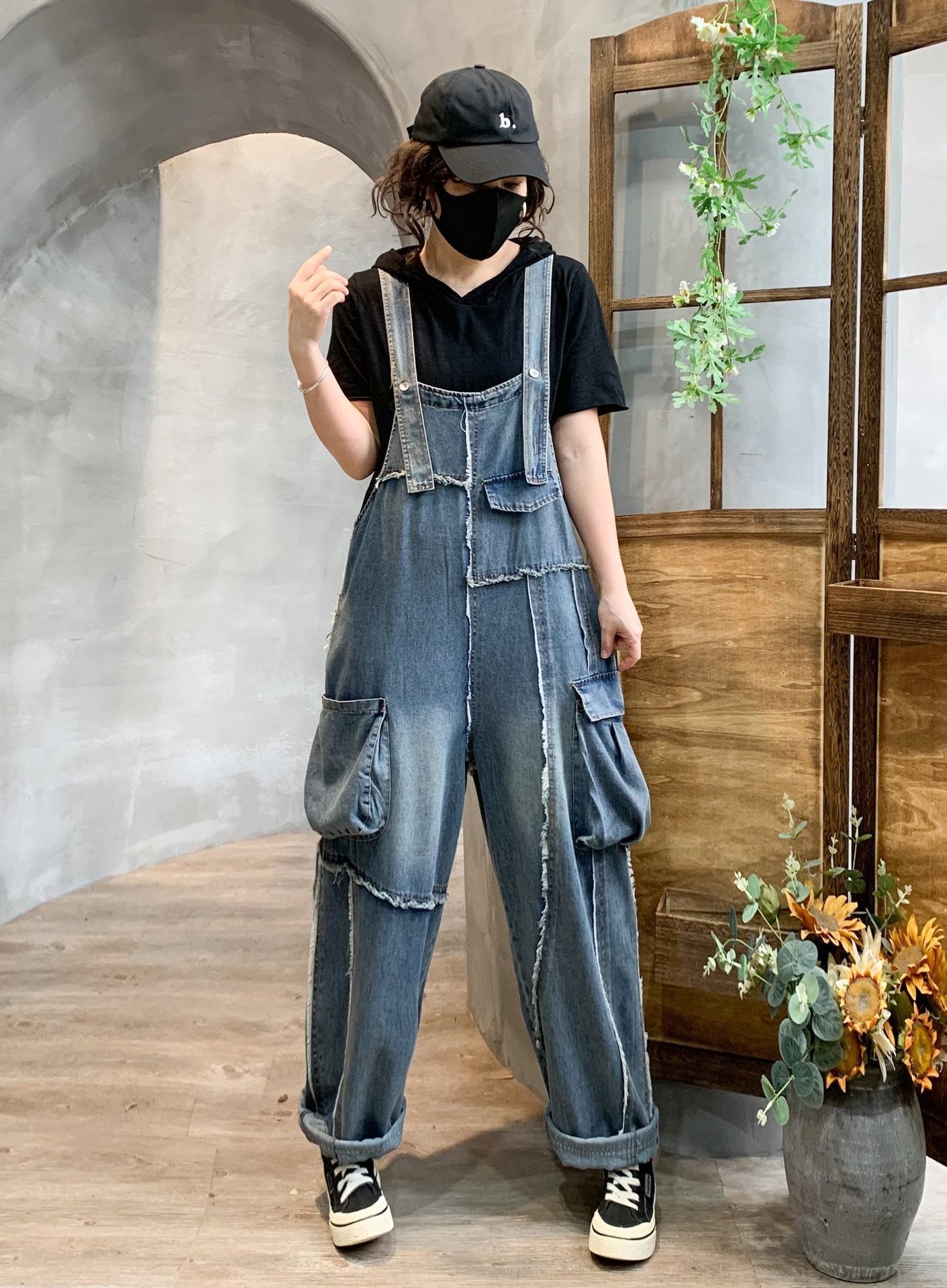 Retro Pocket Raw Edge Denim Suspender Pants