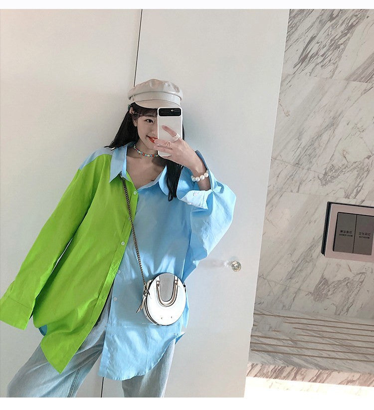 Two Tone Loose Fit Button Down Long Sleeve Shirt