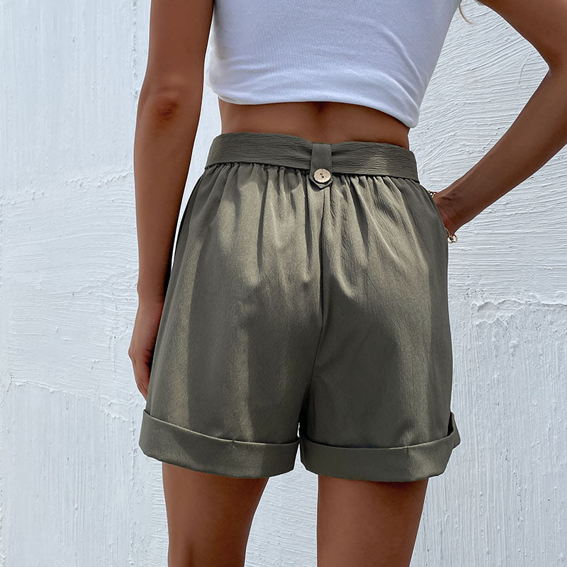 Army Green Summer Casual Shorts w/  Belt, Packets & Buttons
