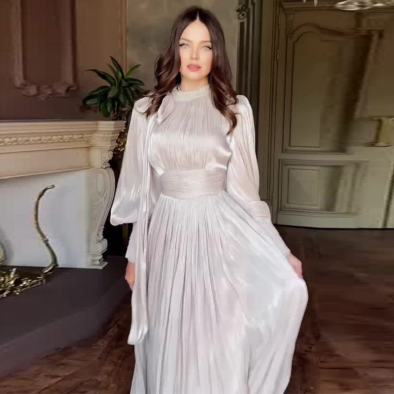 Pleated  Glamour Waist Tight Long Sleeve Dress