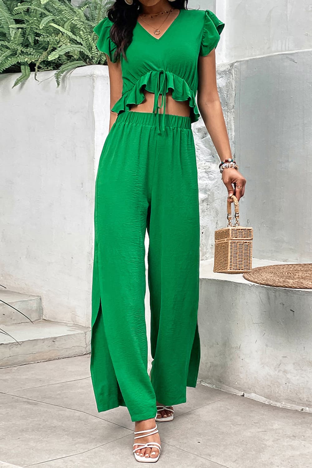 Chic V-Neck Ruffle Hem Top and Slit Pants Set