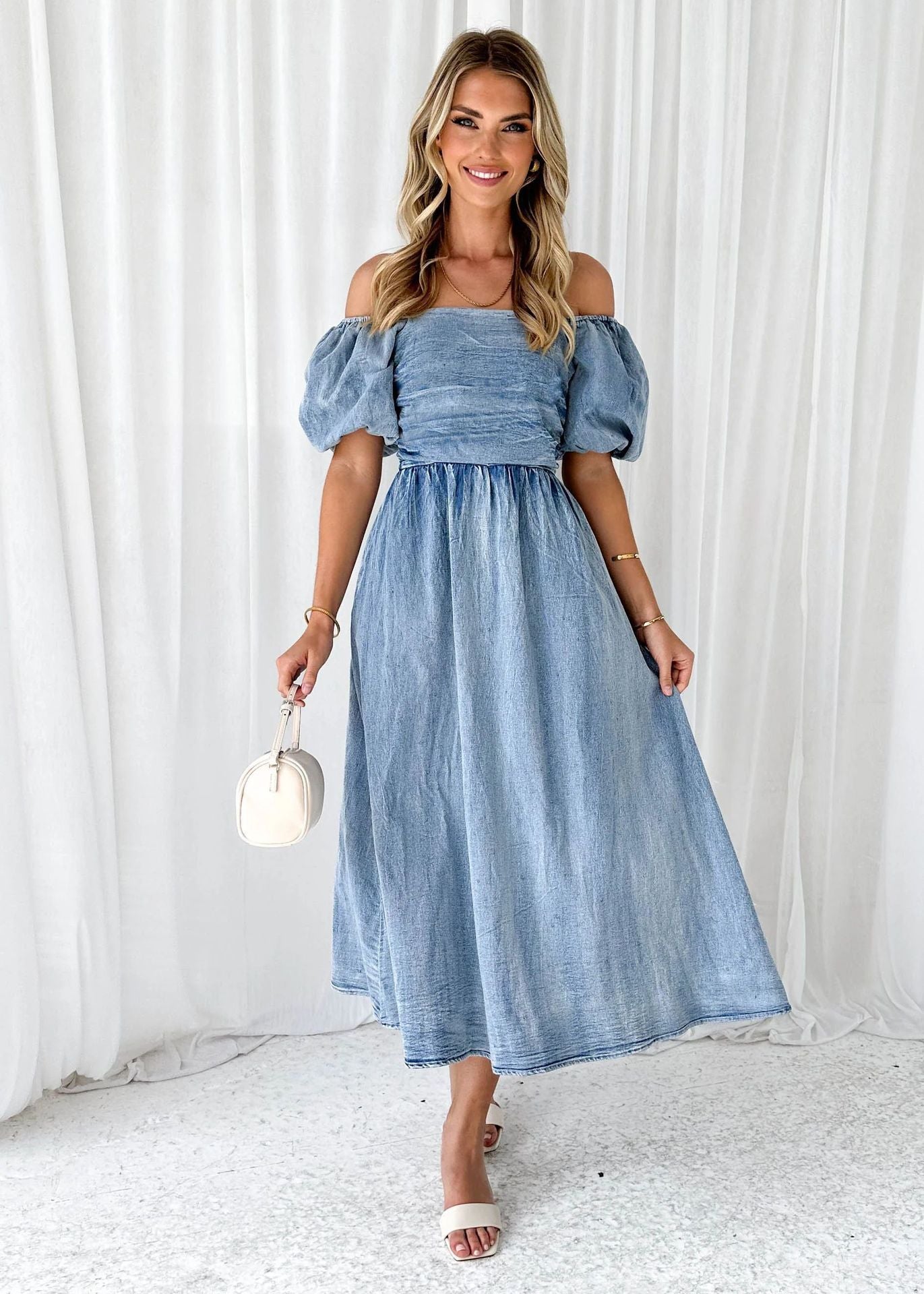Denim Waist-tight Long Dress with Puff Sleeve