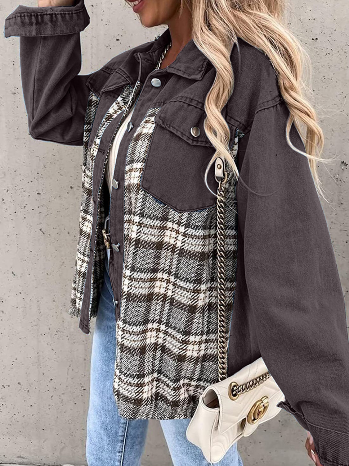 Black White Plaid Button Up Dropped Shoulder Denim Jacket