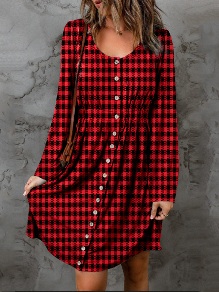 Red Black Checkerboard Round Neck Dress Buttoned w/ Long Sleeve