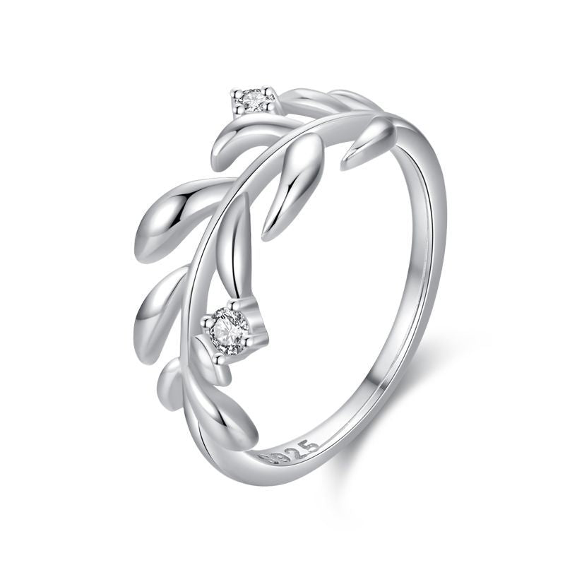 925 Solid Sterling Silver Ring Adorned with Accent Leaves & Sparkling Gems.