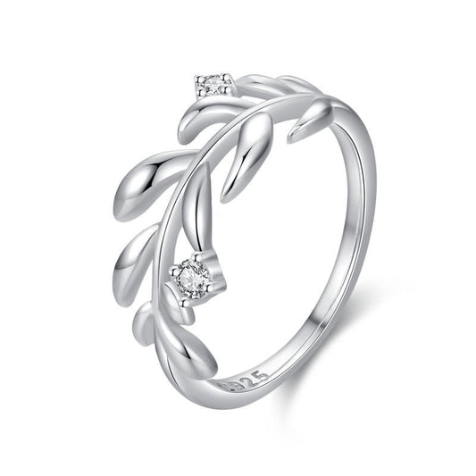 925 Solid Sterling Silver Ring Adorned with Accent Leaves & Sparkling Gems.