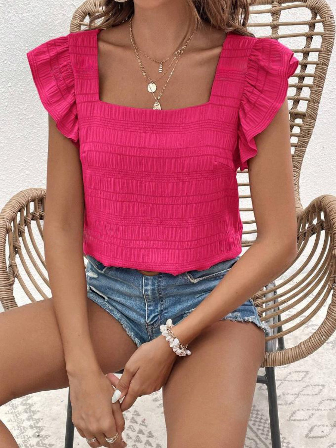 Ruffled Blouse with Square Neck & Cap Sleeve