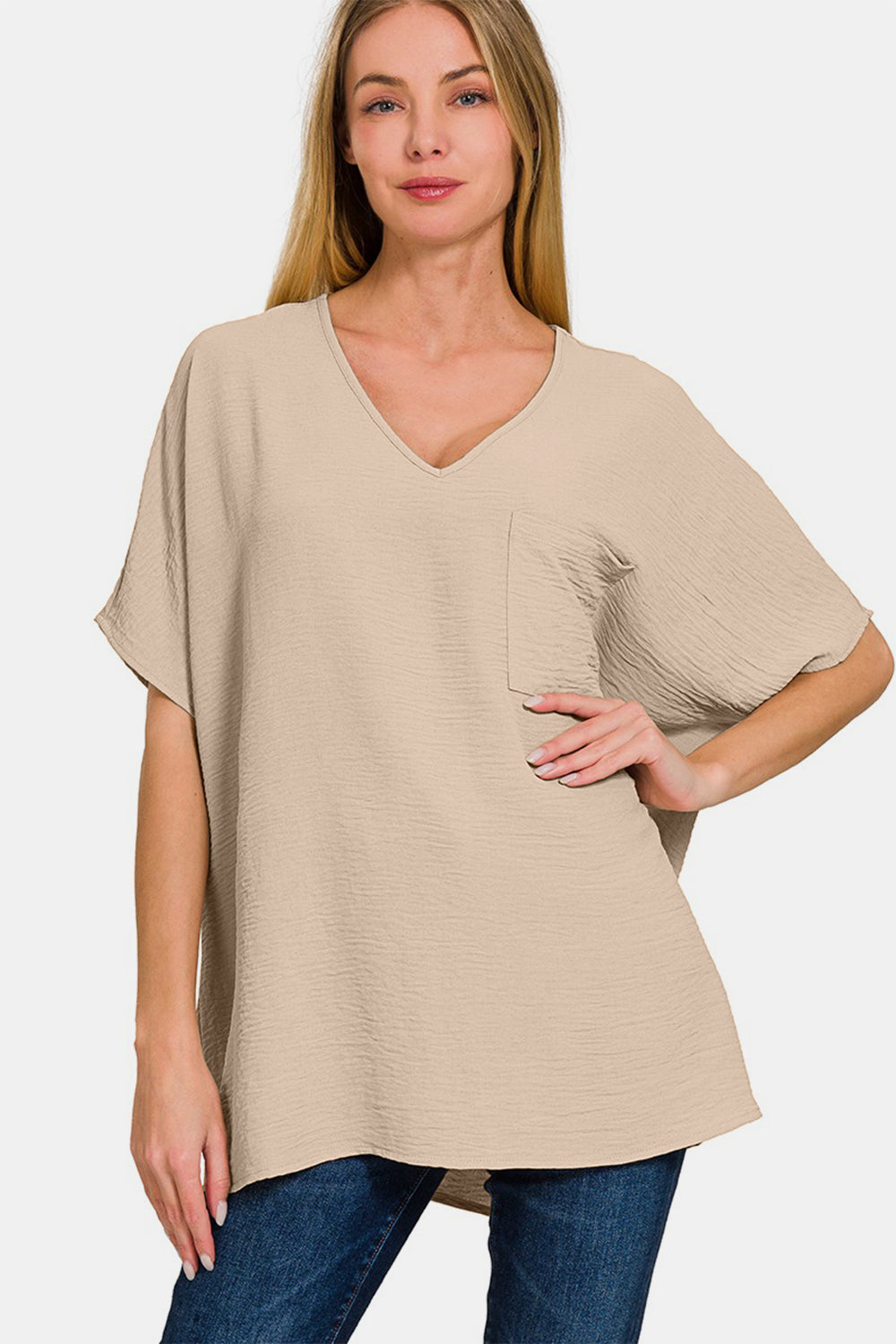 Beige Texture V-Neck Full Top with Short Sleeve Top