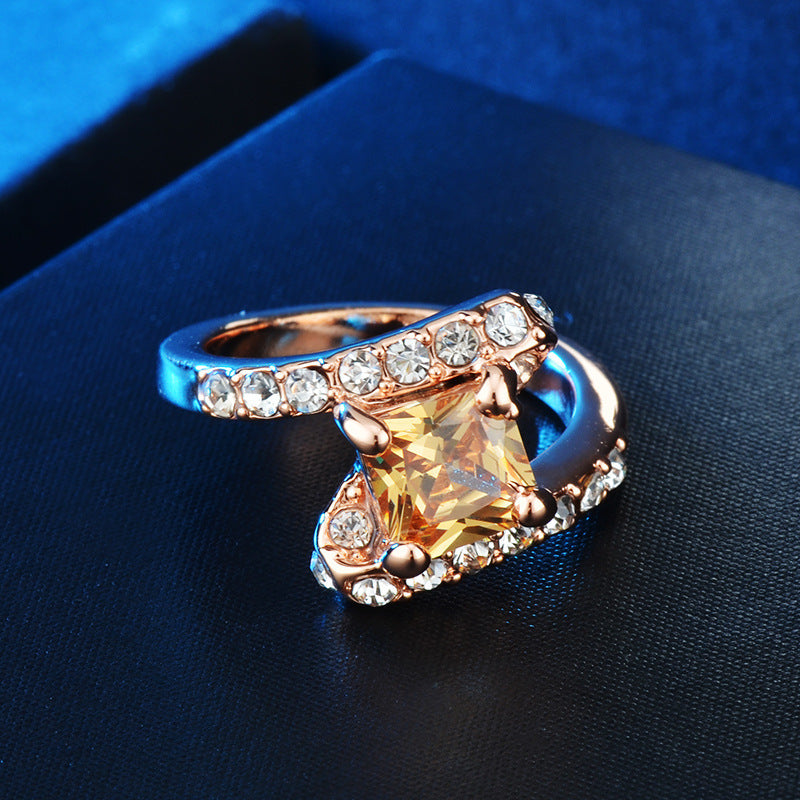 Rose Gold Plated Amber Square Cut Crystal Ring.