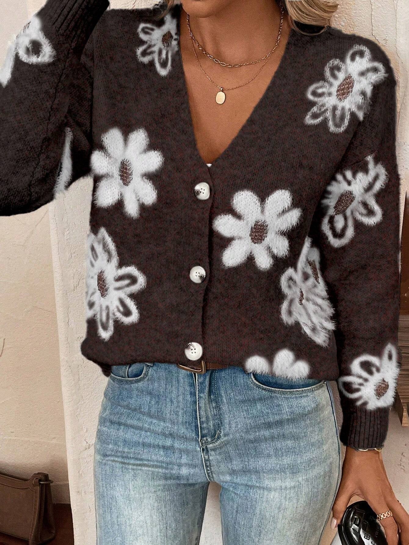 Floral Knit V neck Cardigan with Long Sleeve