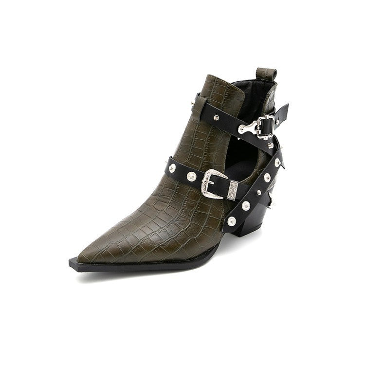 Rivet Buckle Strap Pointed Toes Gothic Cowboy Boots