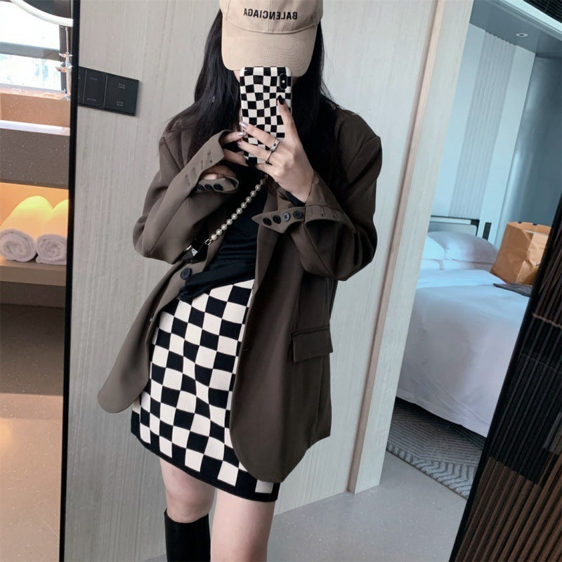 Checkerboard Knitted  High Waist  Skirt