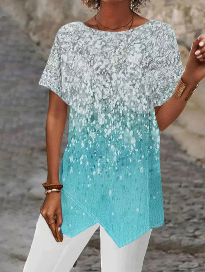 Geometric Printed Loose Short Sleeve Irregular Hem T-shirt