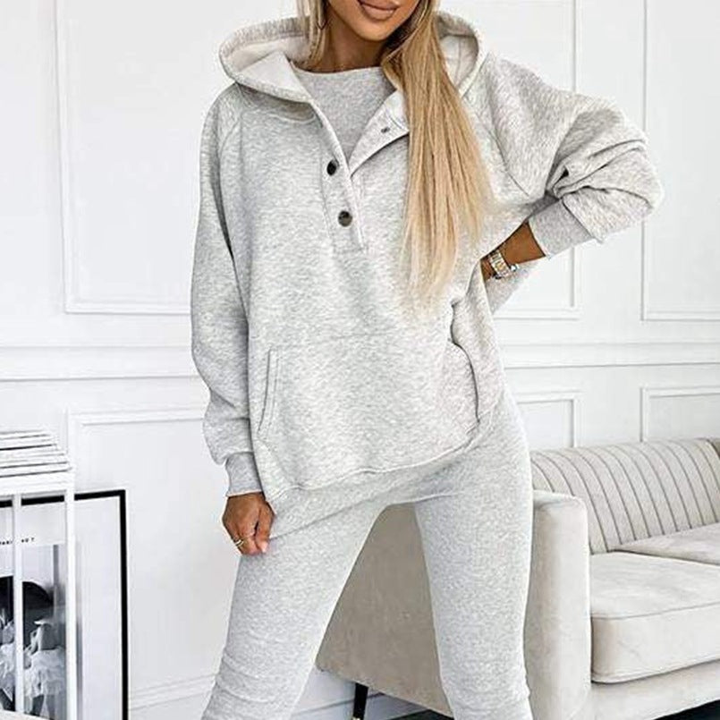 Sporty 3-Piece Suit w/ Loose Hooded Pockets Sweatshirt, Tank Top & Slim Trousers